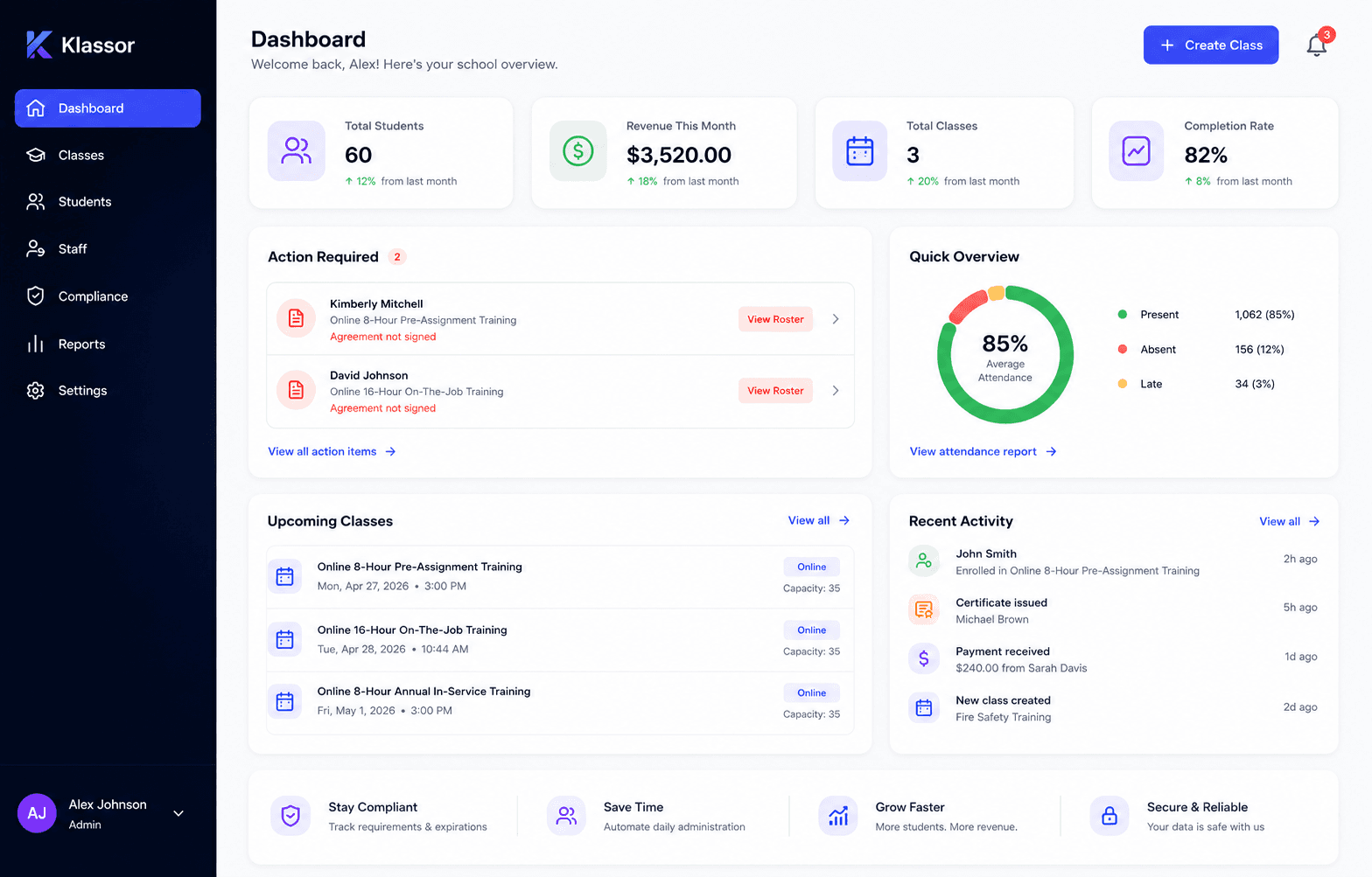 Klassor dashboard showing student management, revenue tracking, and upcoming classes